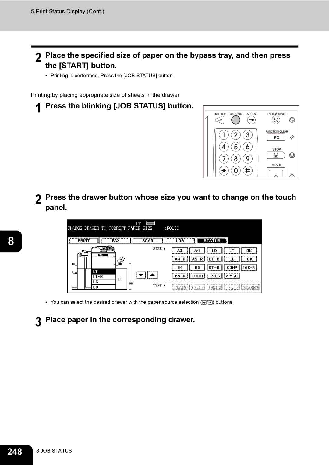 Toshiba 720, 850 manual 248, Place paper in the corresponding drawer 