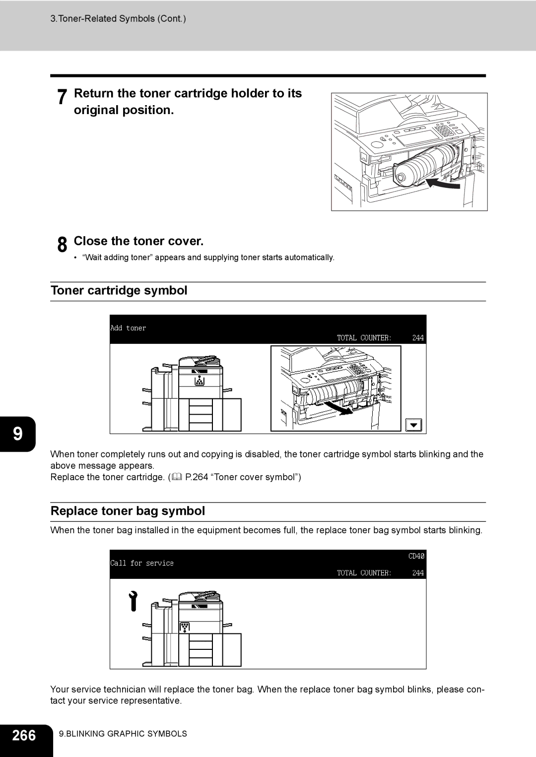 Toshiba 720, 850 manual 266, Toner cartridge symbol, Replace toner bag symbol 