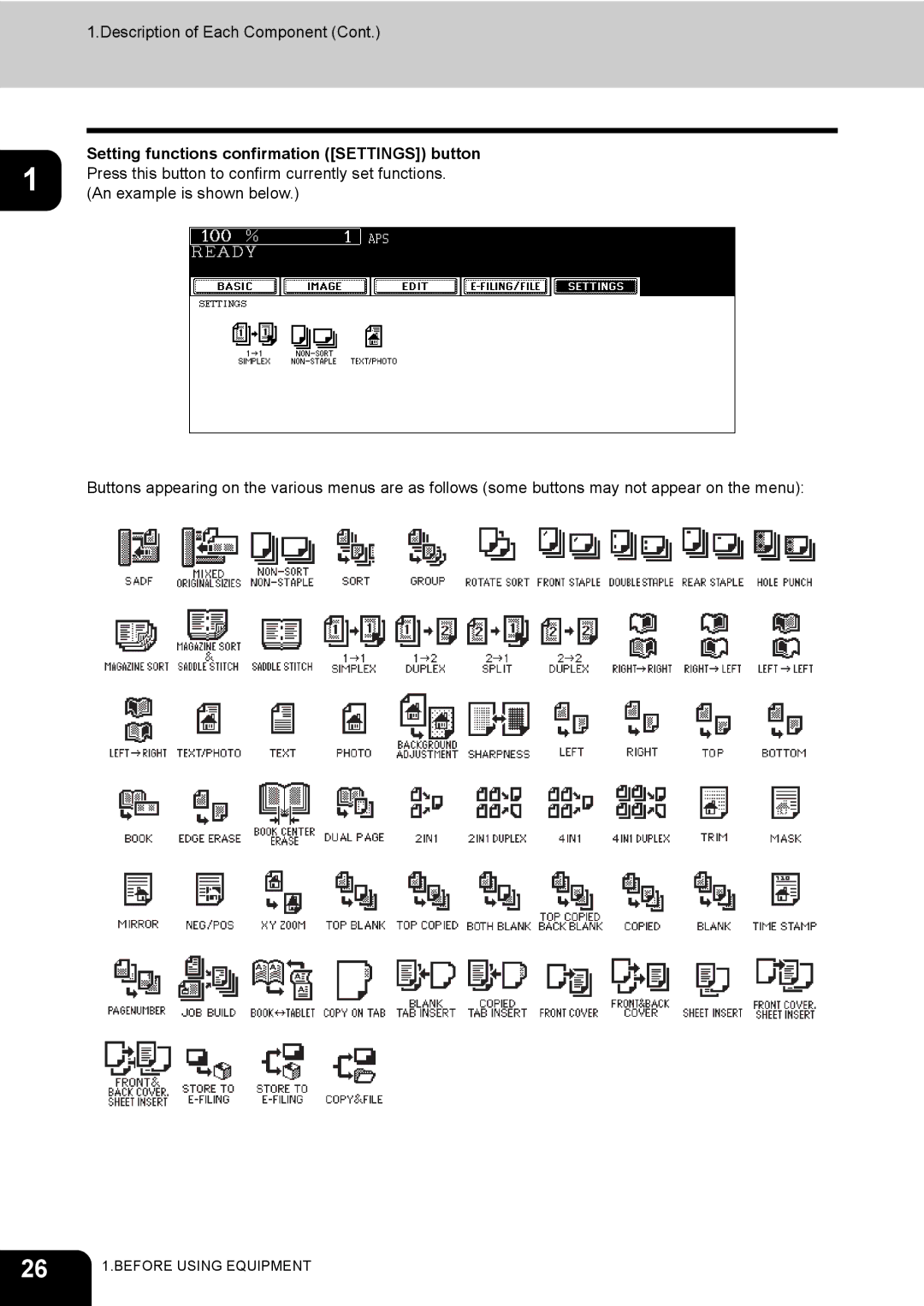 Toshiba 720, 850 manual Setting functions confirmation Settings button 