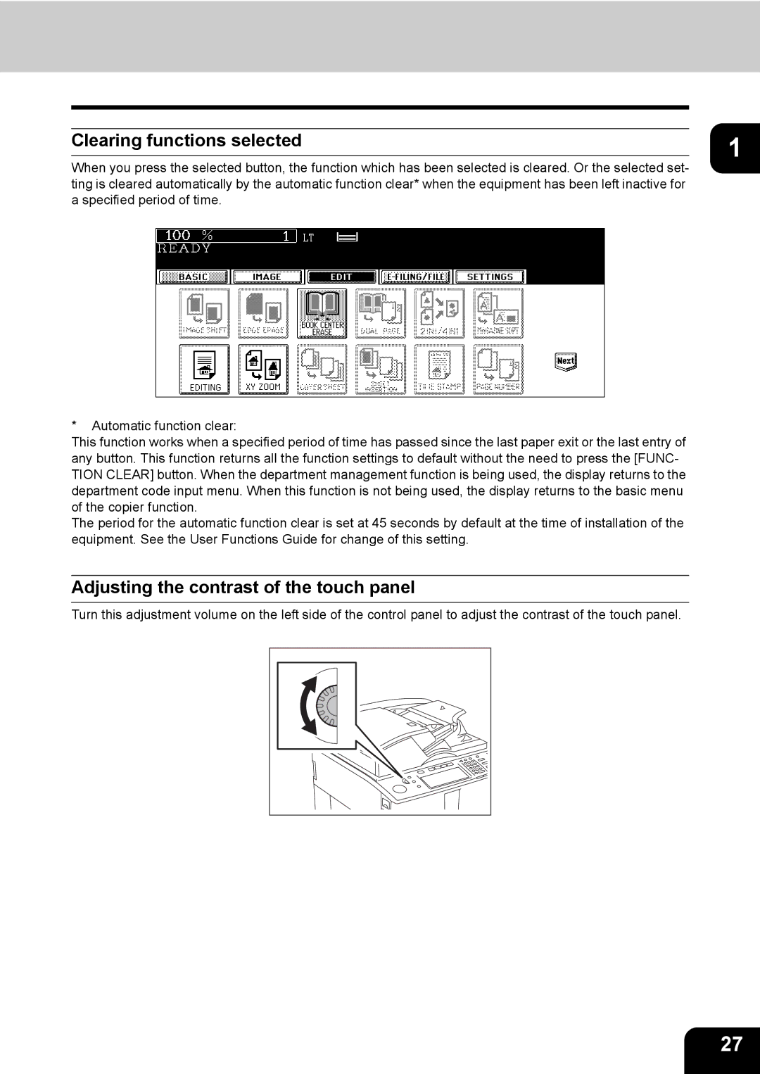 Toshiba 850, 720 manual Clearing functions selected, Adjusting the contrast of the touch panel 