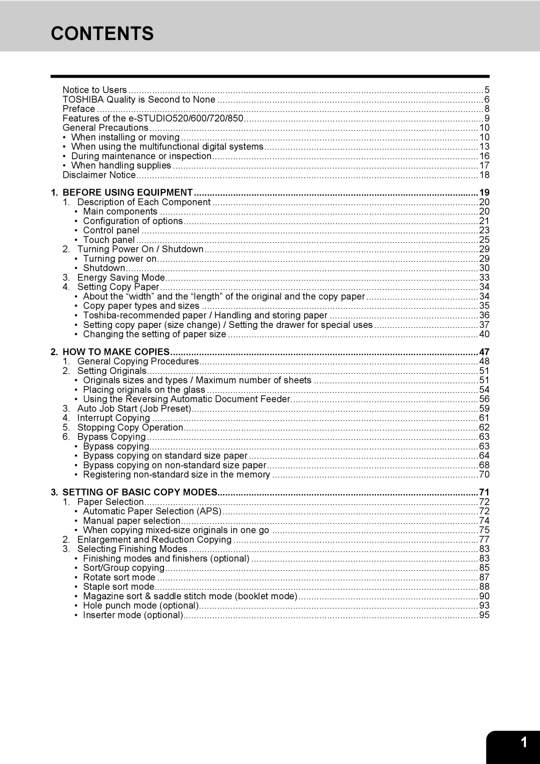 Toshiba 850, 720 manual Contents 