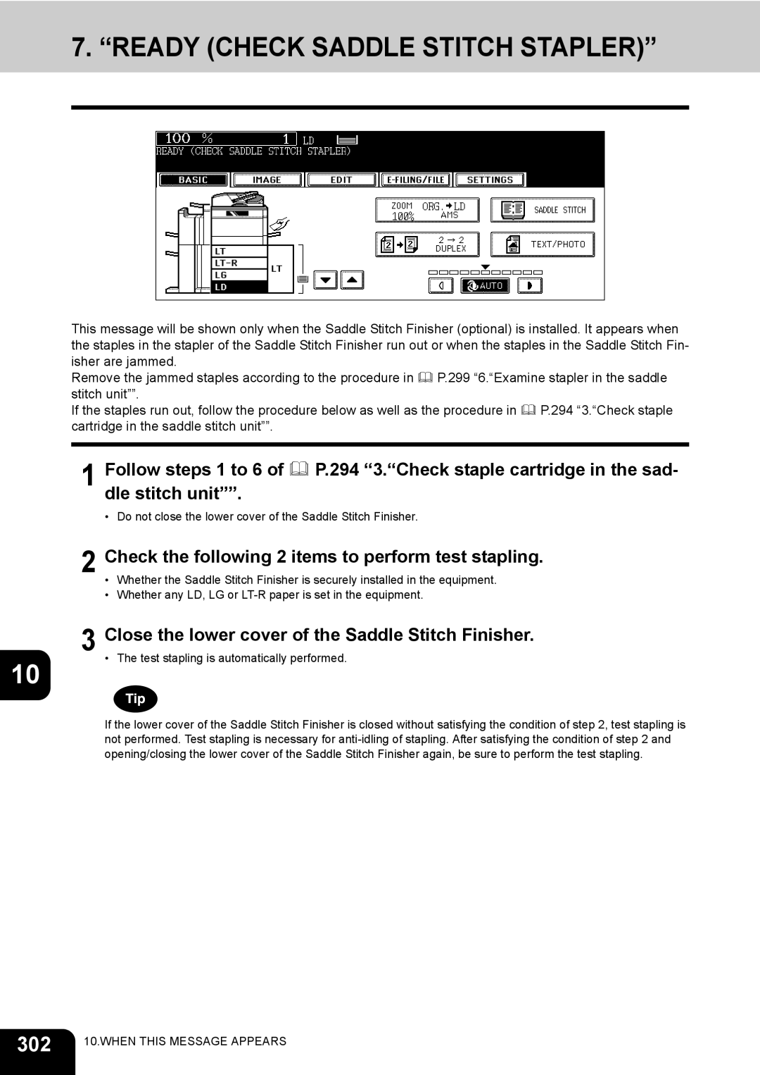 Toshiba 720, 850 manual Ready Check Saddle Stitch Stapler, 302, Check the following 2 items to perform test stapling 