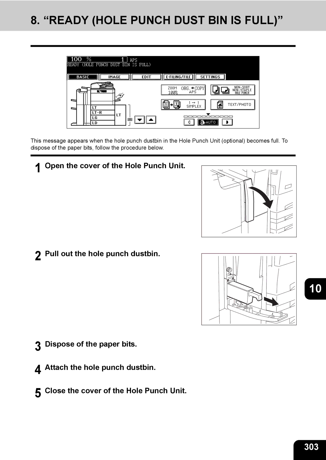 Toshiba 850, 720 manual Ready Hole Punch Dust BIN is Full, 303 