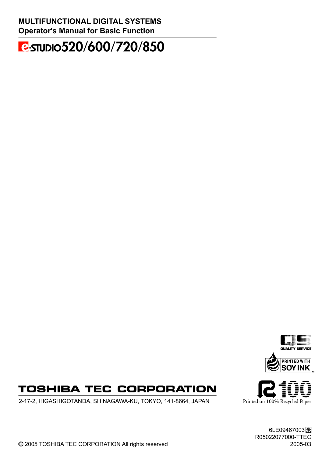 Toshiba 720, 850 manual Multifunctional Digital Systems, Operators Manual for Basic Function 