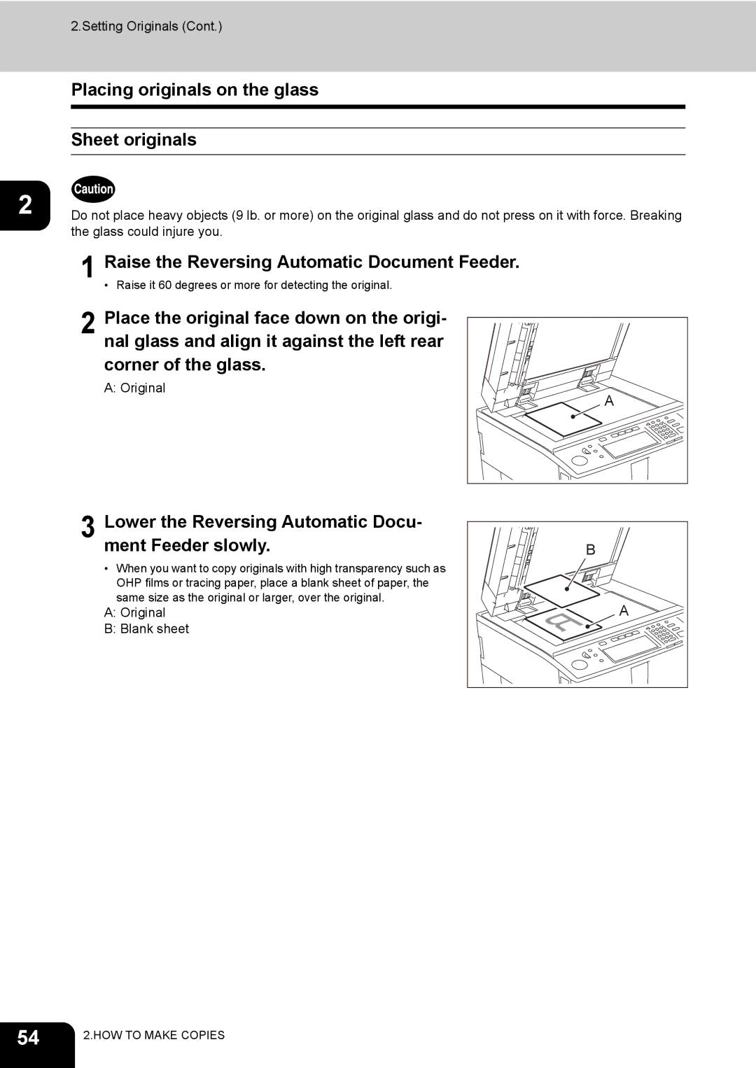 Toshiba 720, 850 manual Placing originals on the glass Sheet originals, Raise the Reversing Automatic Document Feeder 