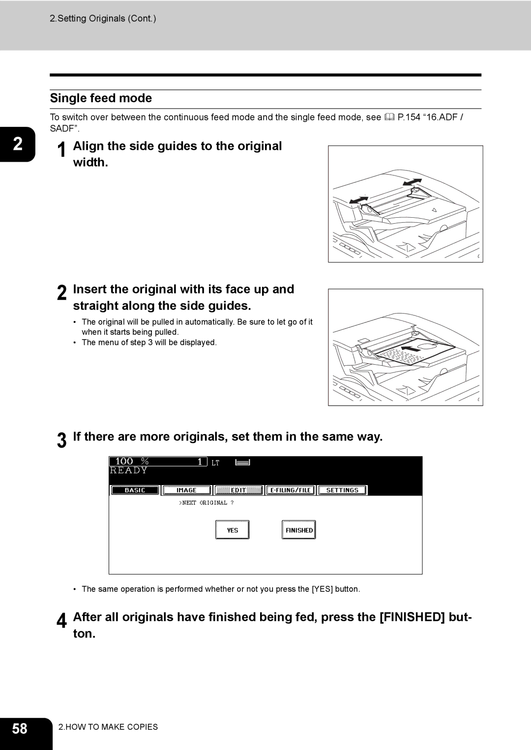 Toshiba 720, 850 manual Single feed mode, If there are more originals, set them in the same way 