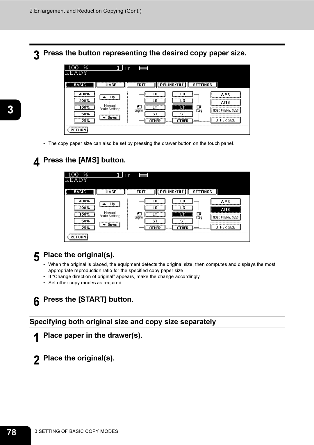 Toshiba 720, 850 manual Press the button representing the desired copy paper size, Press the AMS button Place the originals 