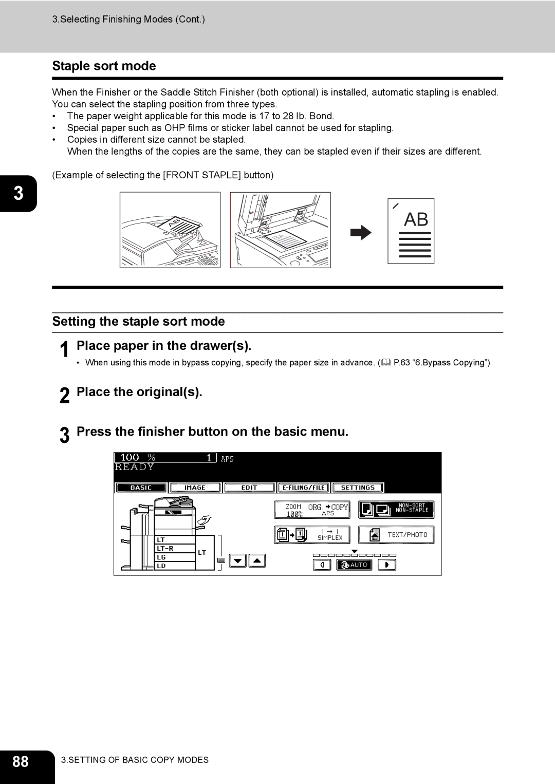 Toshiba 720, 850 manual Staple sort mode, Setting the staple sort mode Place paper in the drawers 