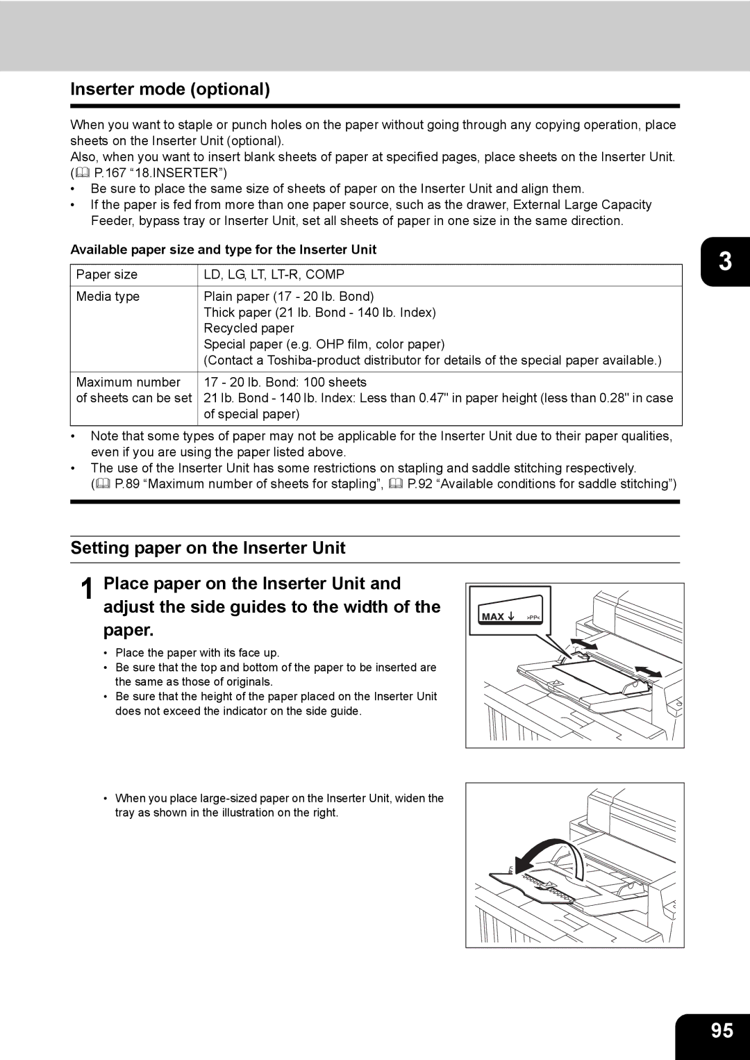 Toshiba 850, 720 manual Inserter mode optional, Available paper size and type for the Inserter Unit 