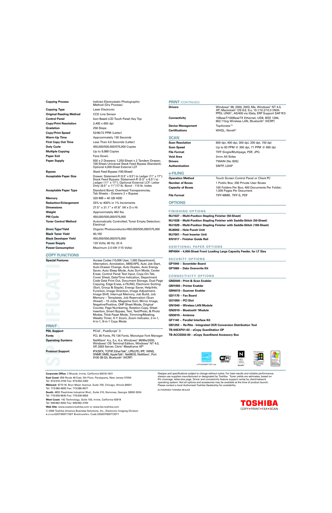 Toshiba 600T, 720T, 520T manual Copy Functions, Scan, e-FILING, Options, Print Continued, F I N I S H I N G O P T I O N S 
