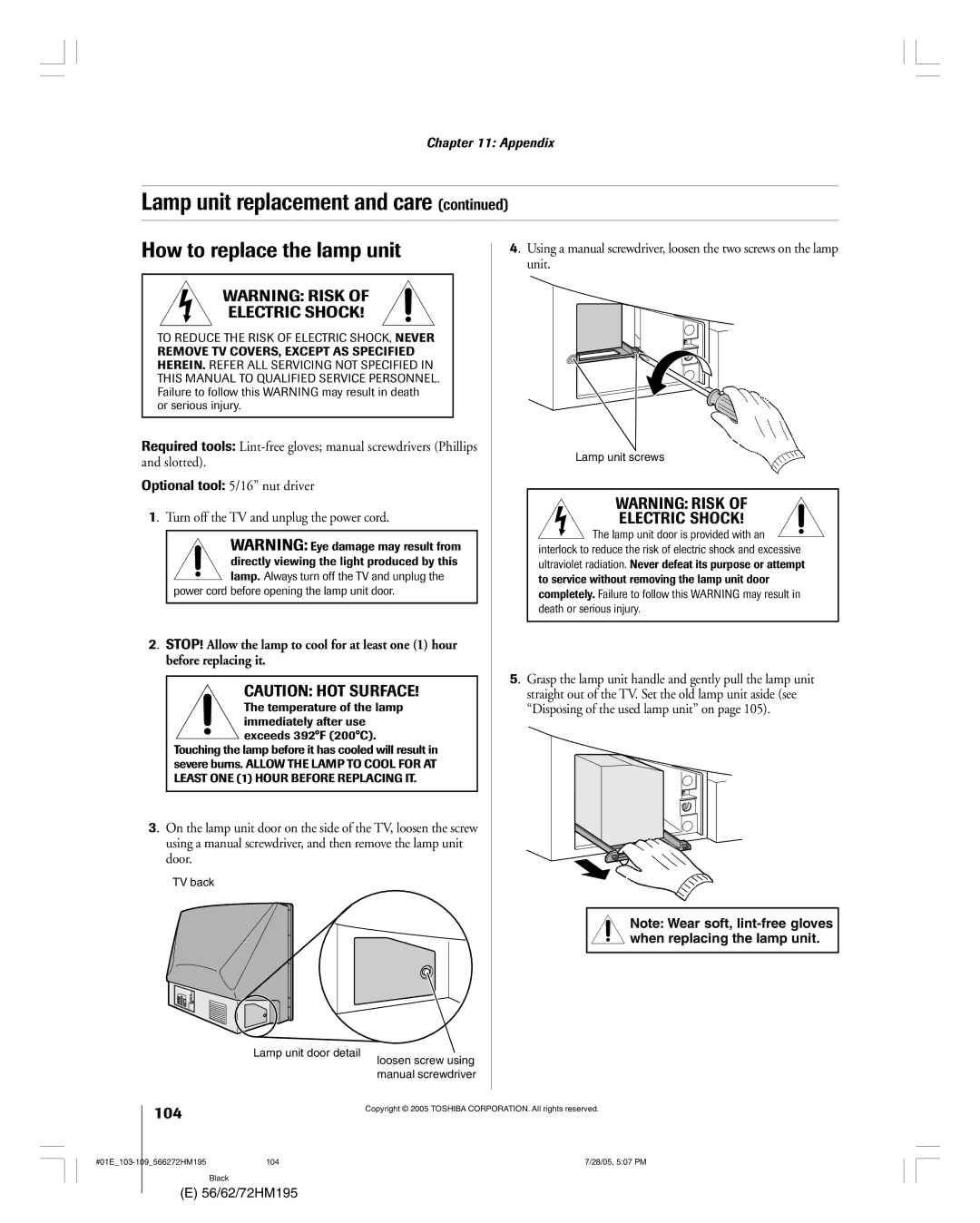 Toshiba 72HM195 How to replace the lamp unit, Grasp the lamp unit handle and gently pull the lamp unit, Or serious injury 