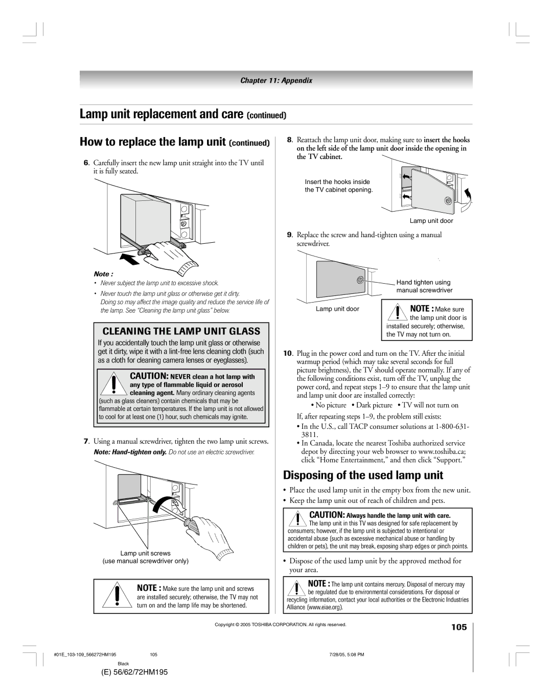 Toshiba 62HM195, 72HM195 owner manual Disposing of the used lamp unit, U.S., call Tacp consumer solutions at 1-800-631 