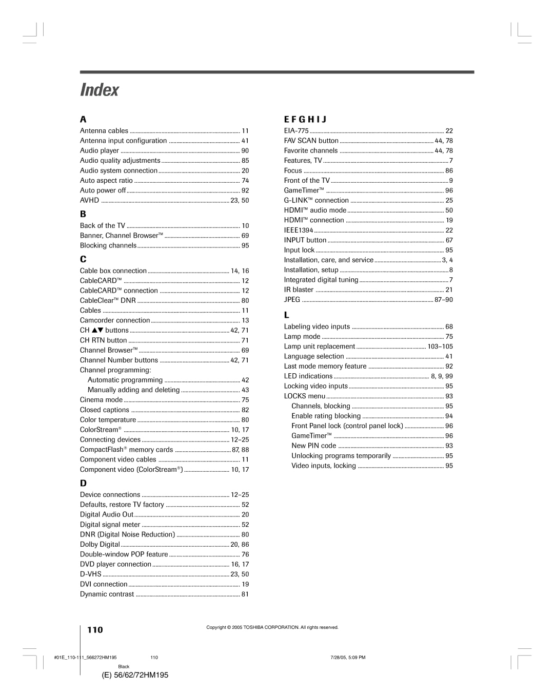 Toshiba 72HM195, 62HM195 owner manual Index, Channel programming, 87-90, 12-25 