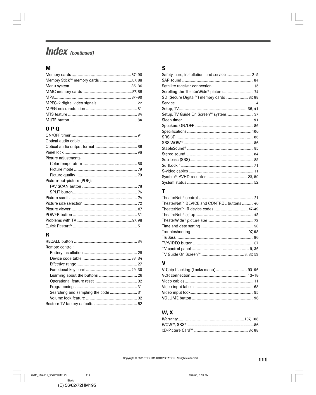 Toshiba 62HM195, 72HM195 owner manual Picture adjustments, Picture-out-picture POP, Remote control, 106, 47-49, 93-96, 13-18 