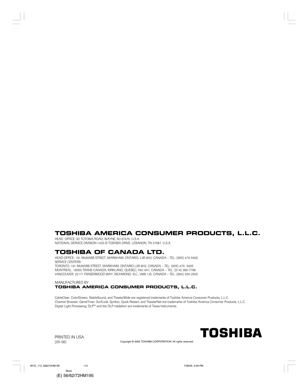 Toshiba 72HM195, 62HM195 owner manual Manufactured by, 05-08 