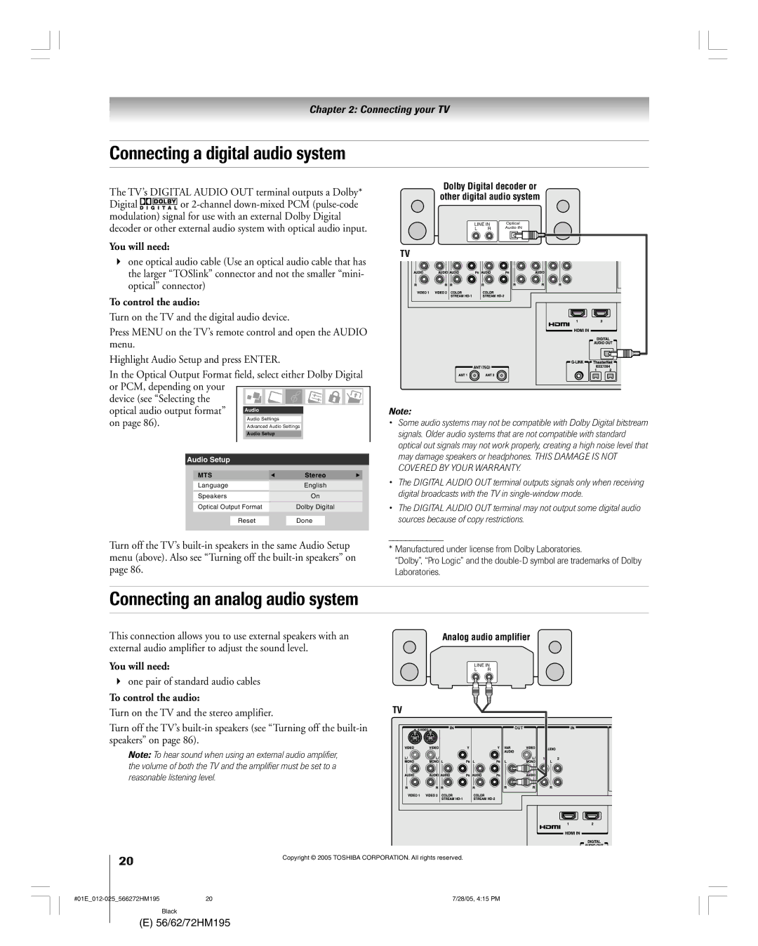 Toshiba 72HM195, 62HM195 Connecting a digital audio system, Connecting an analog audio system, To control the audio 