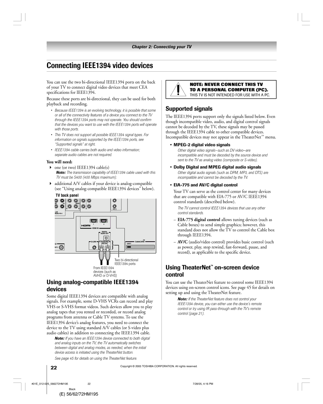 Toshiba 72HM195, 62HM195 Connecting IEEE1394 video devices, Using analog-compatible IEEE1394 devices, Supported signals 