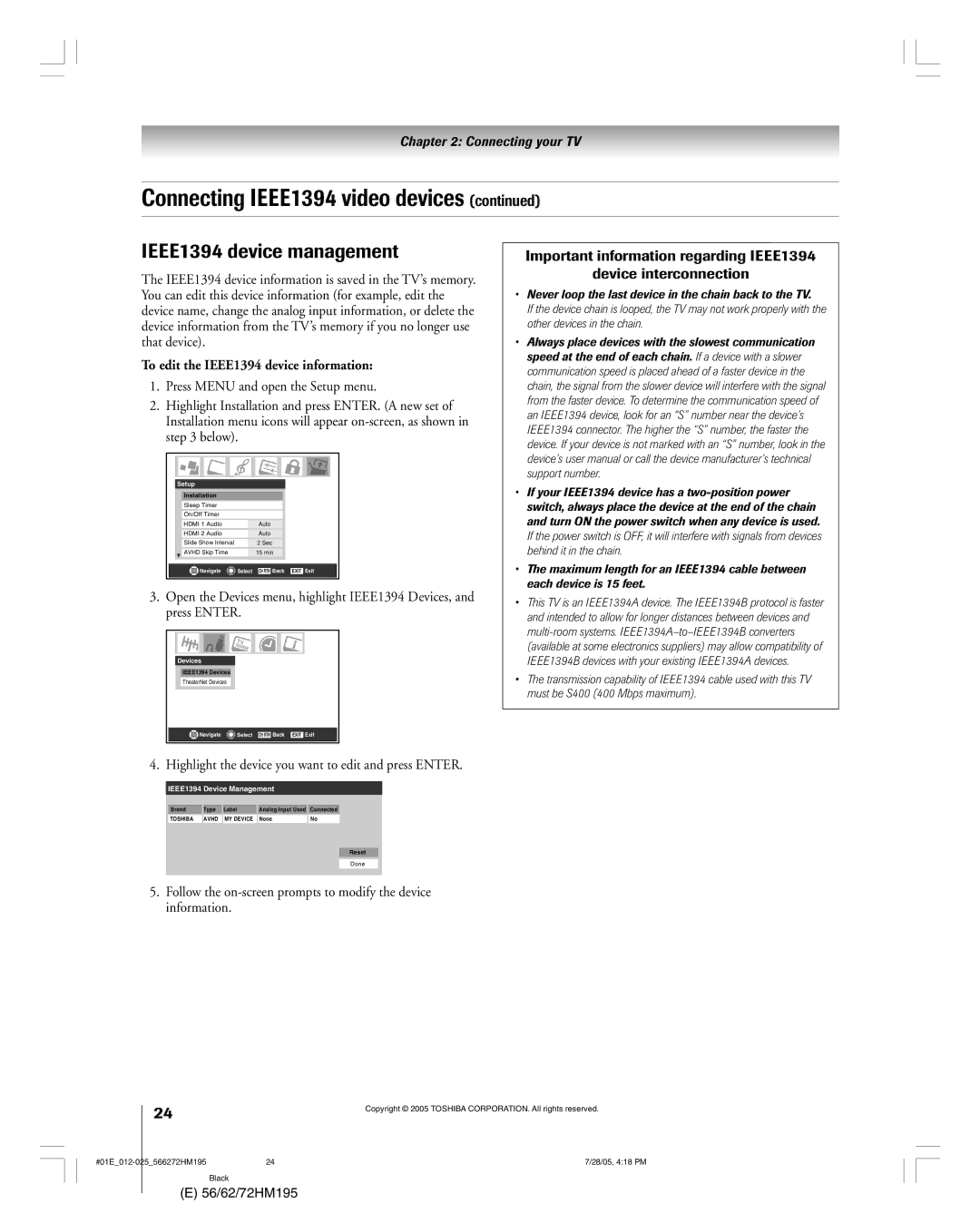 Toshiba 72HM195, 62HM195 owner manual IEEE1394 device management, To edit the IEEE1394 device information 