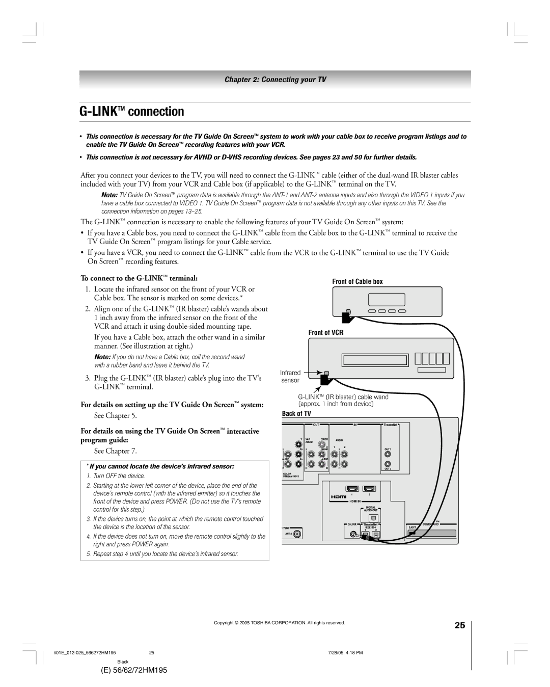 Toshiba 62HM195, 72HM195 owner manual LINKª connection, To connect to the G-LINK ª terminal, See Chapter 