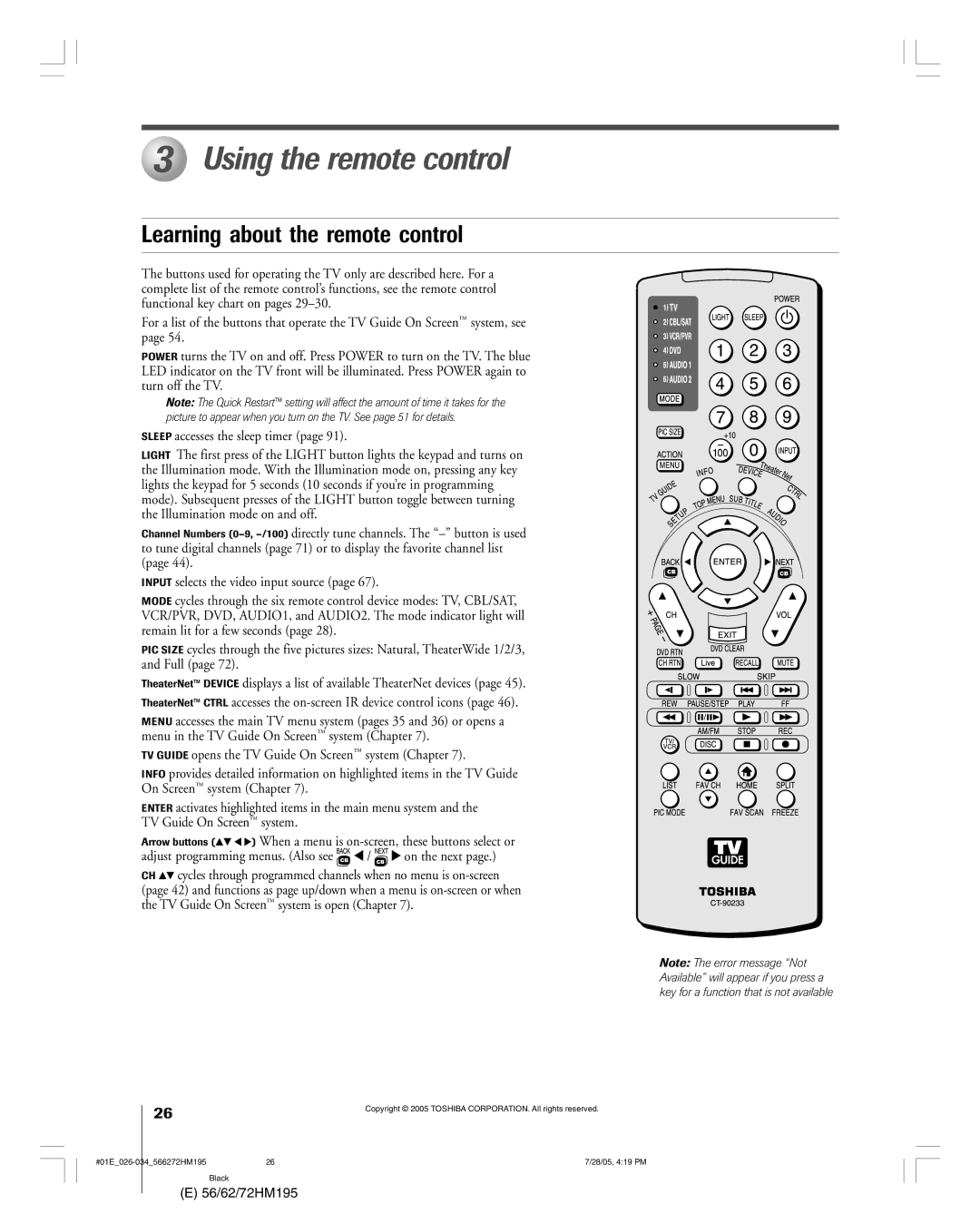 Toshiba 72HM195, 62HM195 owner manual Using the remote control, Learning about the remote control 