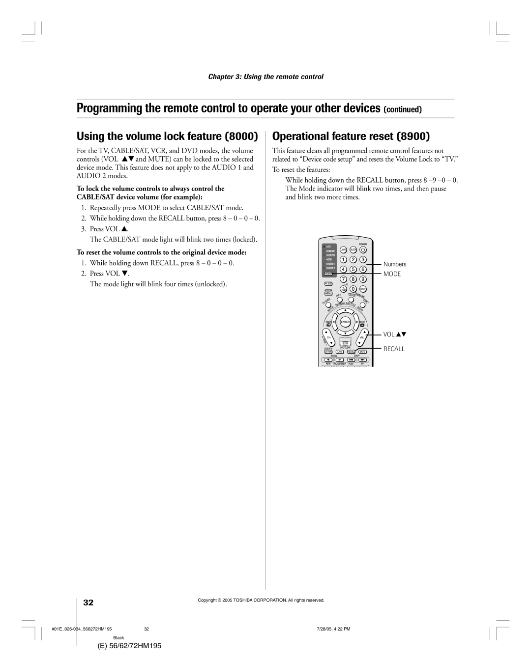 Toshiba 72HM195 Using the volume lock feature, Operational feature reset, Repeatedly press Mode to select CABLE/SAT mode 