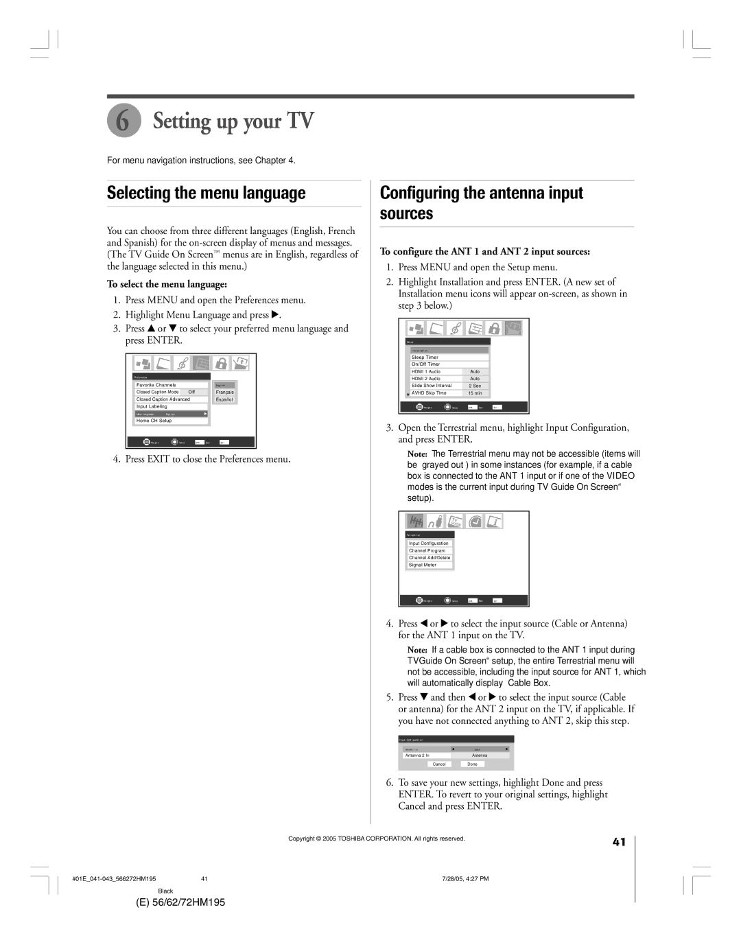 Toshiba 62HM195, 72HM195 Setting up your TV, To configure the ANT 1 and ANT 2 input sources, To select the menu language 