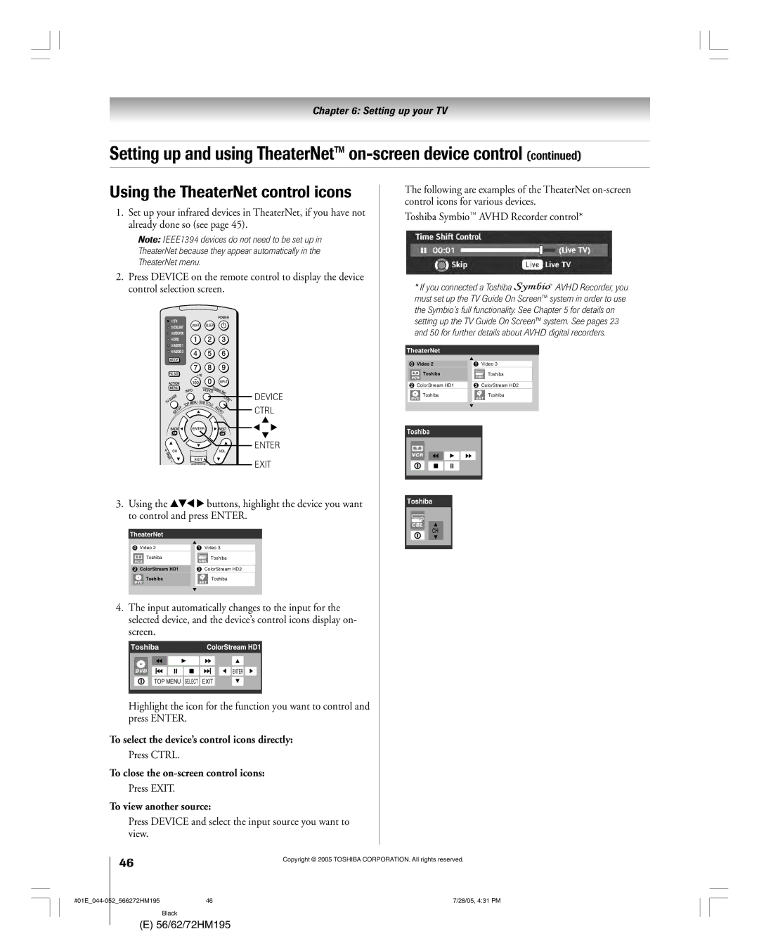 Toshiba 72HM195 Using the TheaterNet control icons, To select the deviceÕs control icons directly, To view another source 