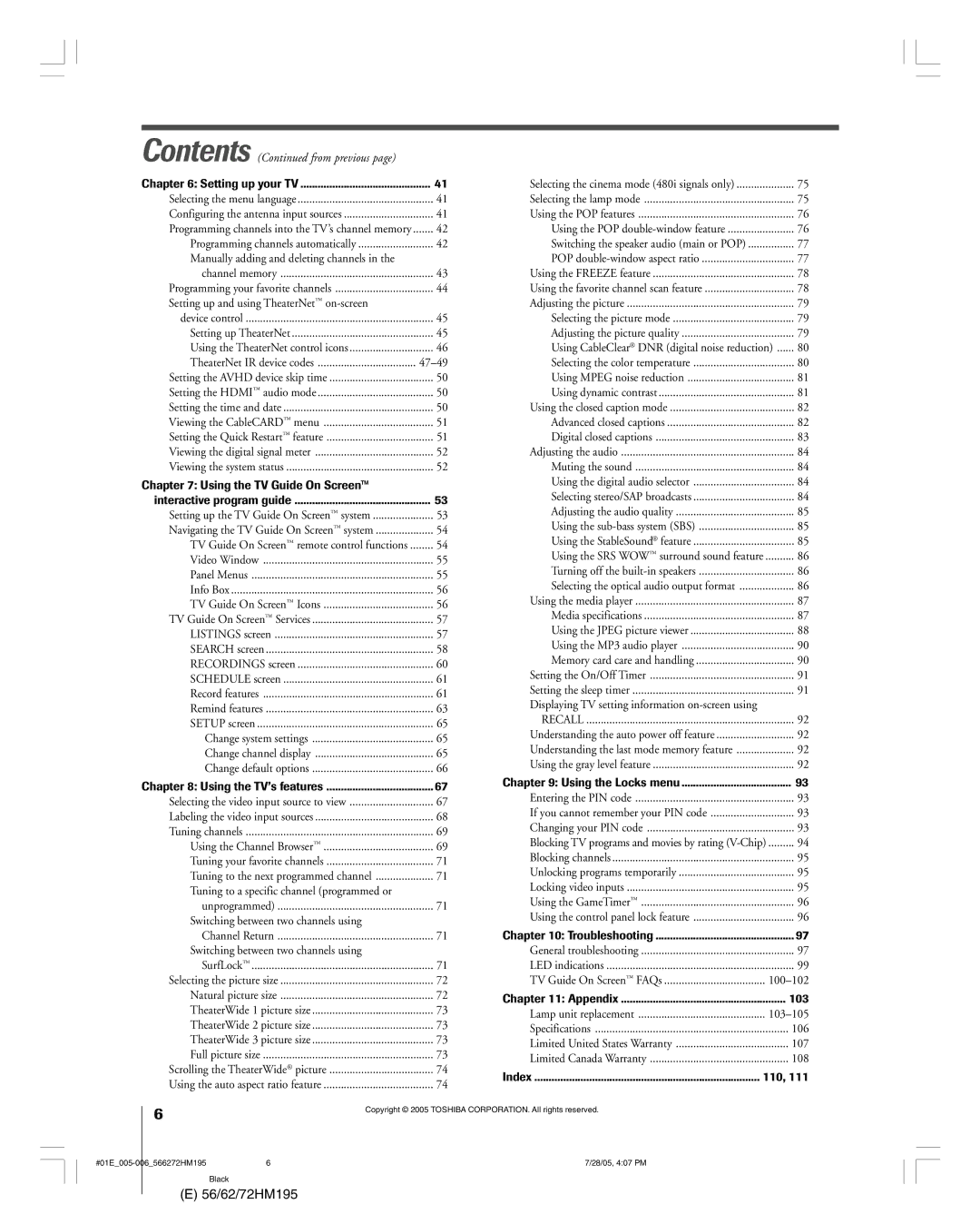 Toshiba 72HM195, 62HM195 owner manual Using the TV Guide On Screenª, 103, 110 