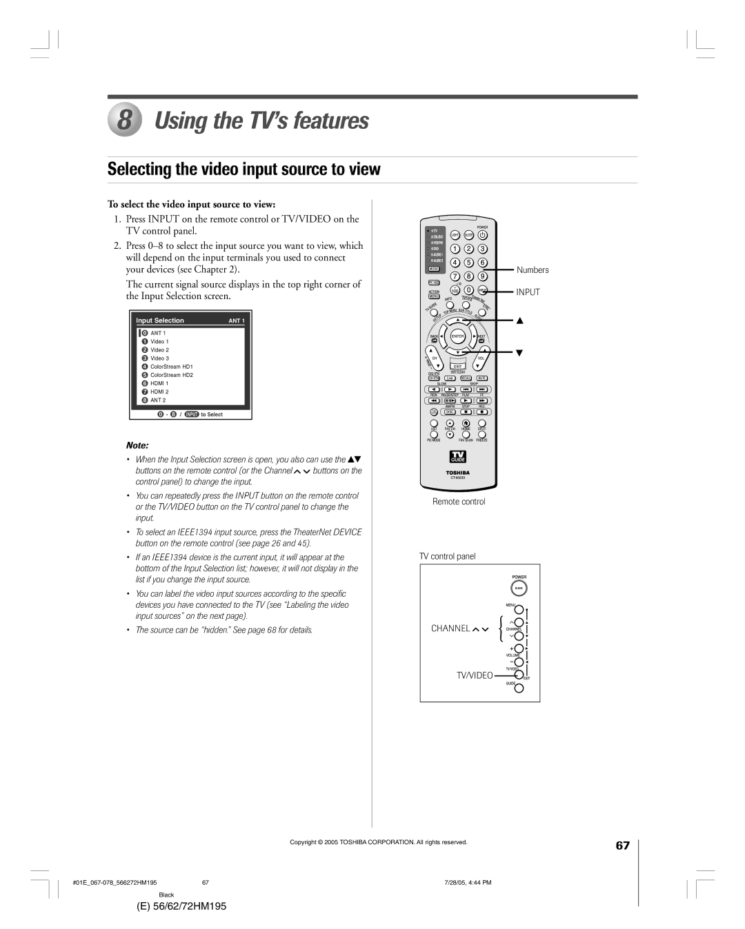 Toshiba 62HM195, 72HM195 owner manual Using the TV’s features, Selecting the video input source to view 