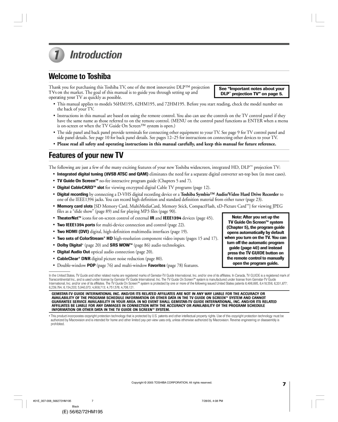 Toshiba 62HM195, 72HM195 owner manual Introduction, Welcome to Toshiba, Features of your new TV 