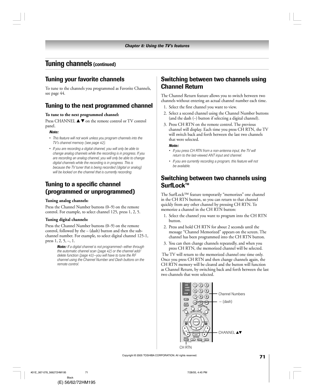 Toshiba 62HM195, 72HM195 owner manual Tuning your favorite channels, Tuning to the next programmed channel 