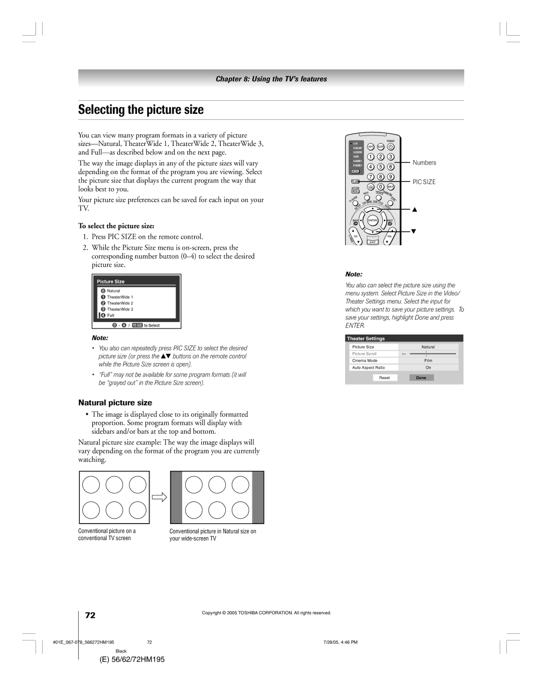 Toshiba 72HM195, 62HM195 owner manual Selecting the picture size, Natural picture size, To select the picture size, PIC Size 