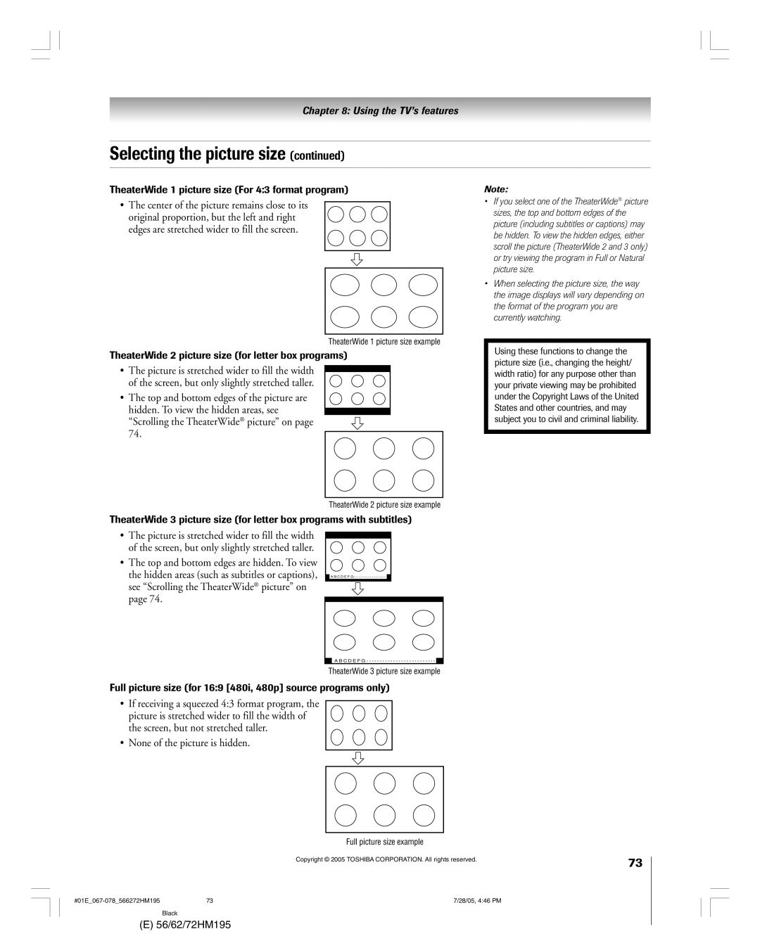 Toshiba 62HM195, 72HM195 owner manual Scrolling the TheaterWide picture on, None of the picture is hidden 