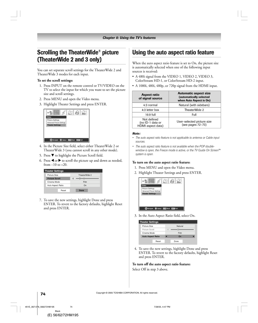 Toshiba 72HM195, 62HM195 TheaterWide 2 and 3 only, To set the scroll settings, To turn on the auto aspect ratio feature 