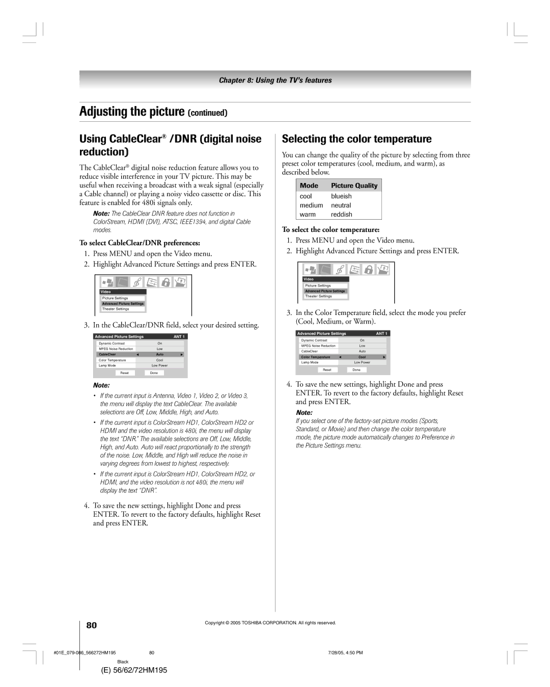 Toshiba 72HM195, 62HM195 owner manual Using CableClear¨ /DNR digital noise reduction, Selecting the color temperature 