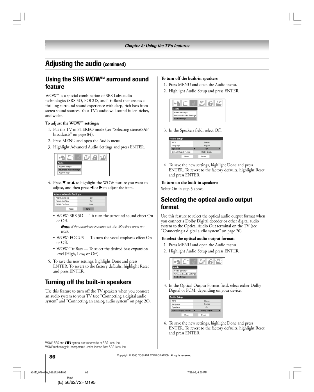 Toshiba 72HM195, 62HM195 owner manual Using the SRS WOWª surround sound feature, Turning off the built-in speakers 