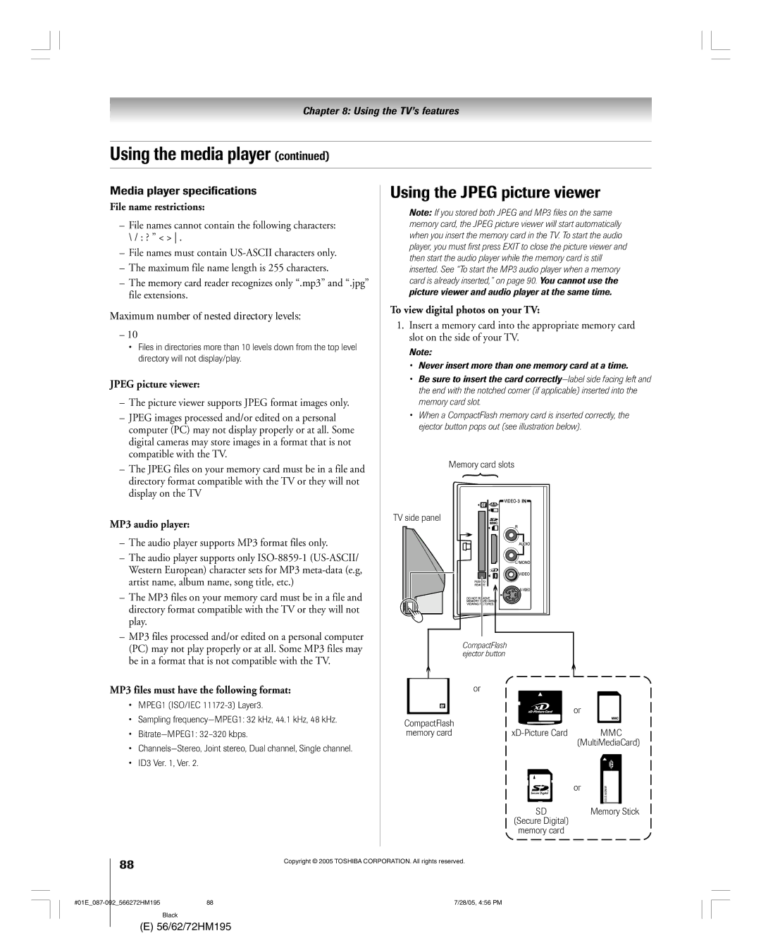 Toshiba 72HM195, 62HM195 owner manual Using the Jpeg picture viewer, Media player specifications 