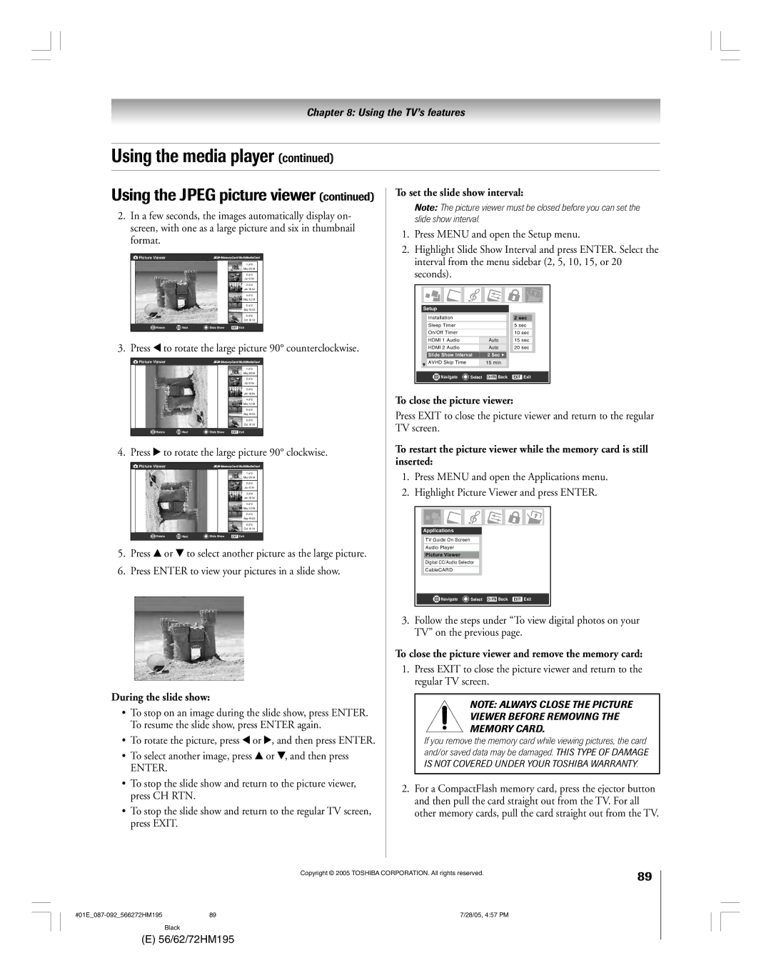 Toshiba 62HM195, 72HM195 owner manual Using the Jpeg picture viewer, During the slide show, To set the slide show interval 