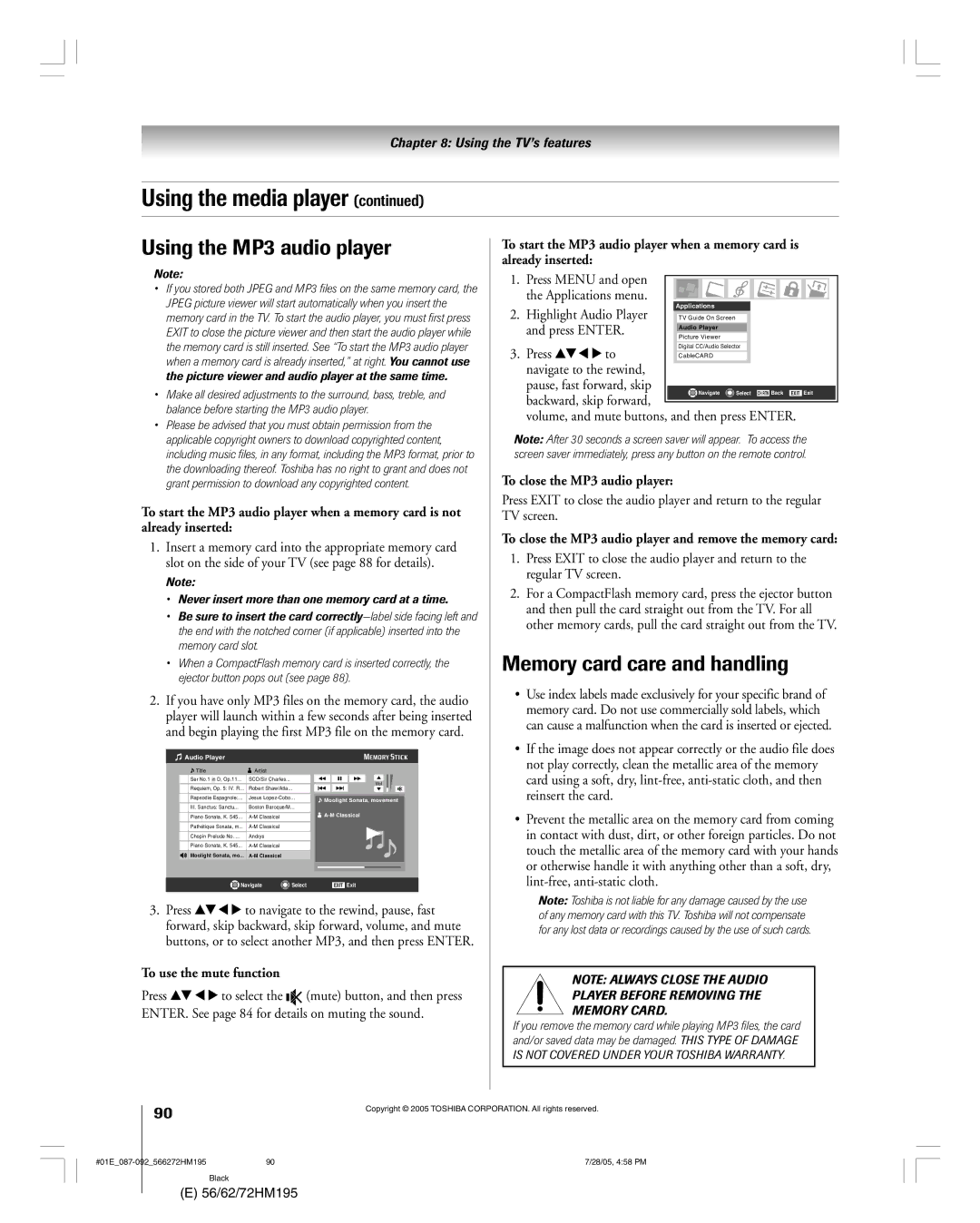 Toshiba 72HM195, 62HM195 owner manual Using the MP3 audio player, Memory card care and handling, To use the mute function 