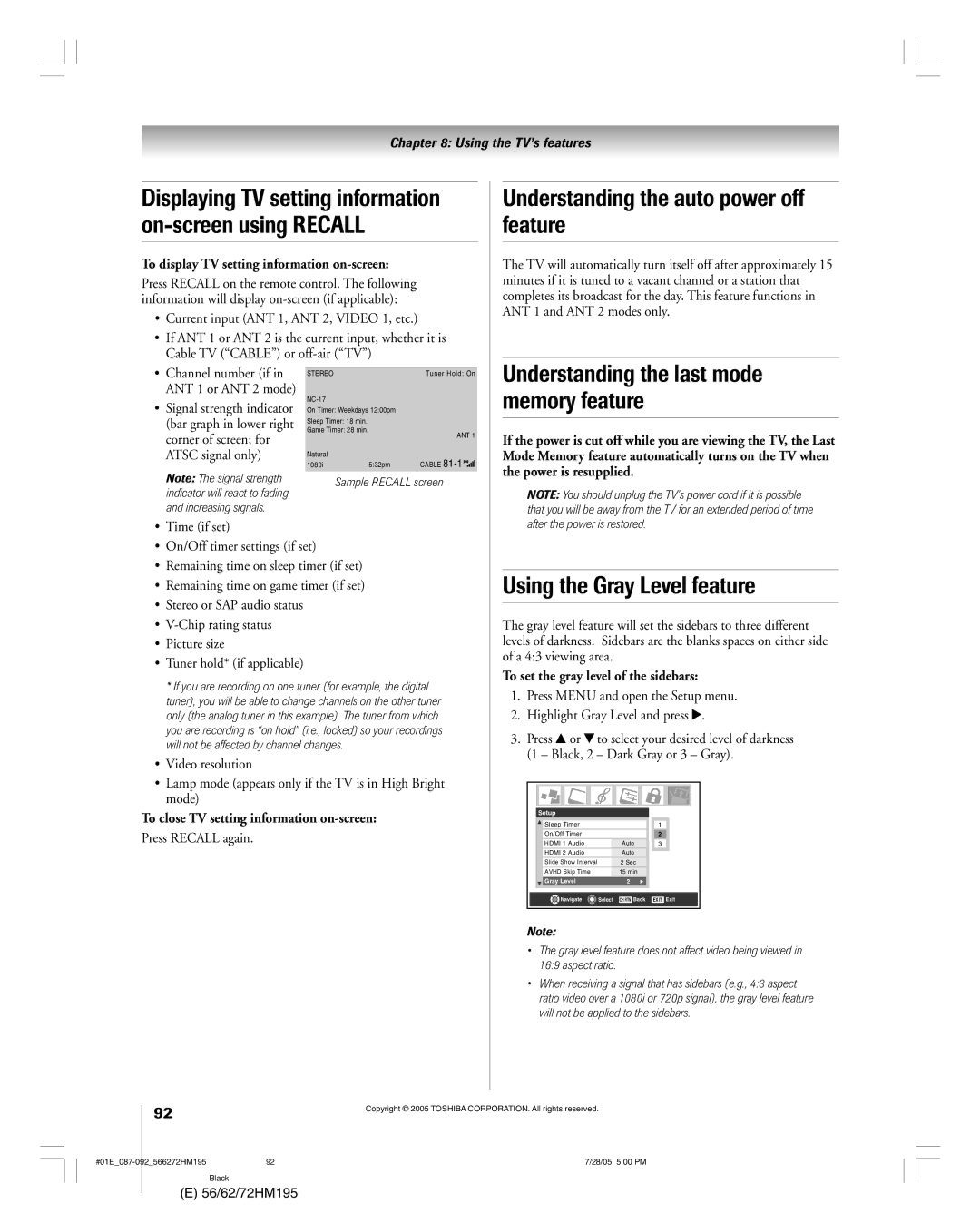 Toshiba 72HM195, 62HM195 owner manual Understanding the auto power off feature, Understanding the last mode memory feature 