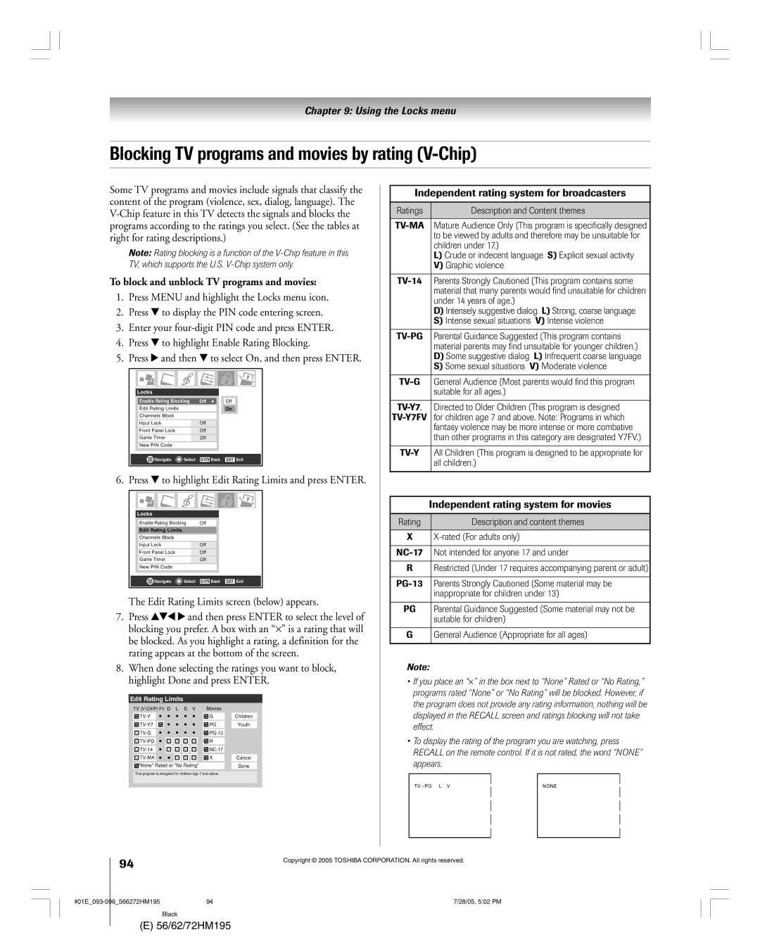 Toshiba 72HM195, 62HM195 Blocking TV programs and movies by rating V-Chip, To block and unblock TV programs and movies 