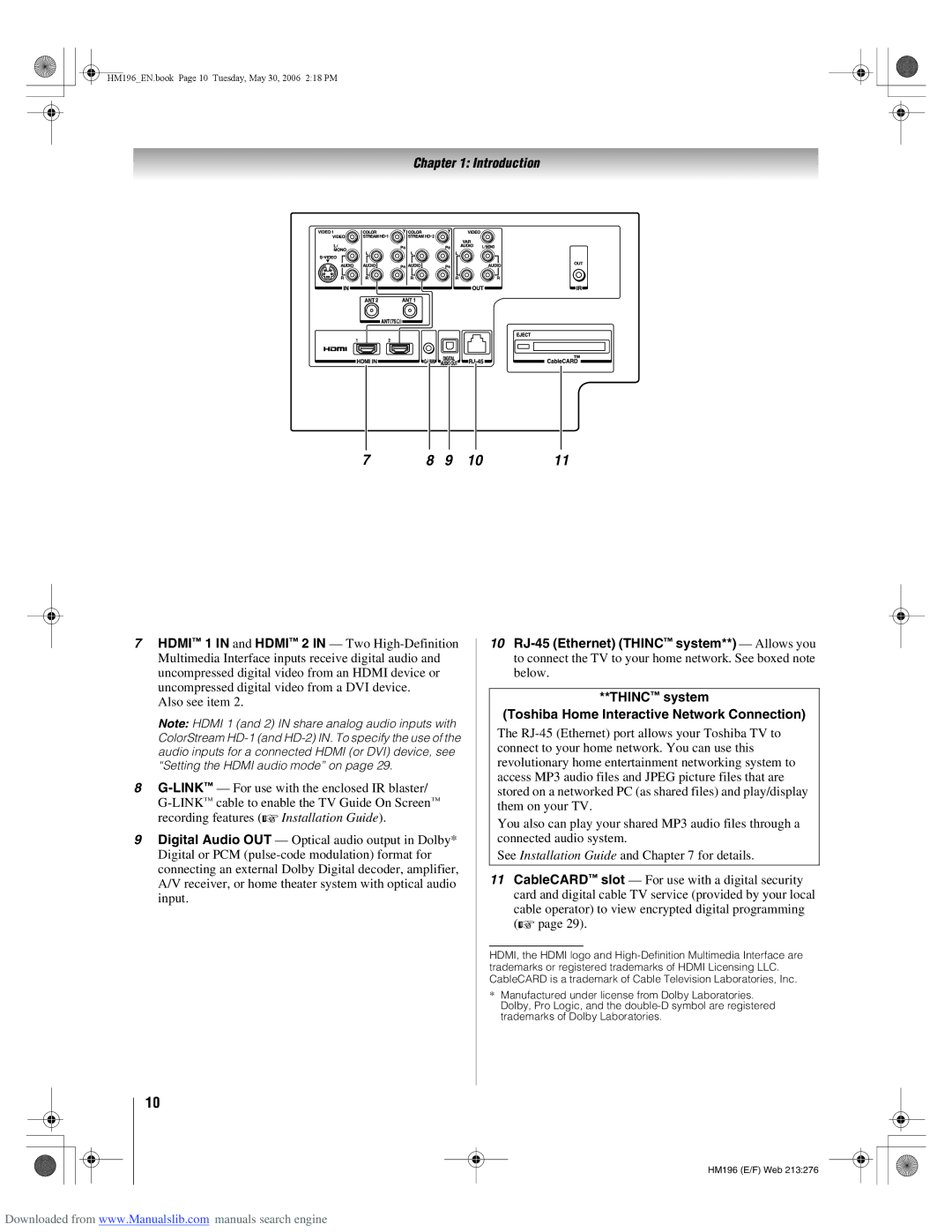 Toshiba 72HM196 manual HM196EN.book Page 10 Tuesday, May 30, 2006 218 PM 