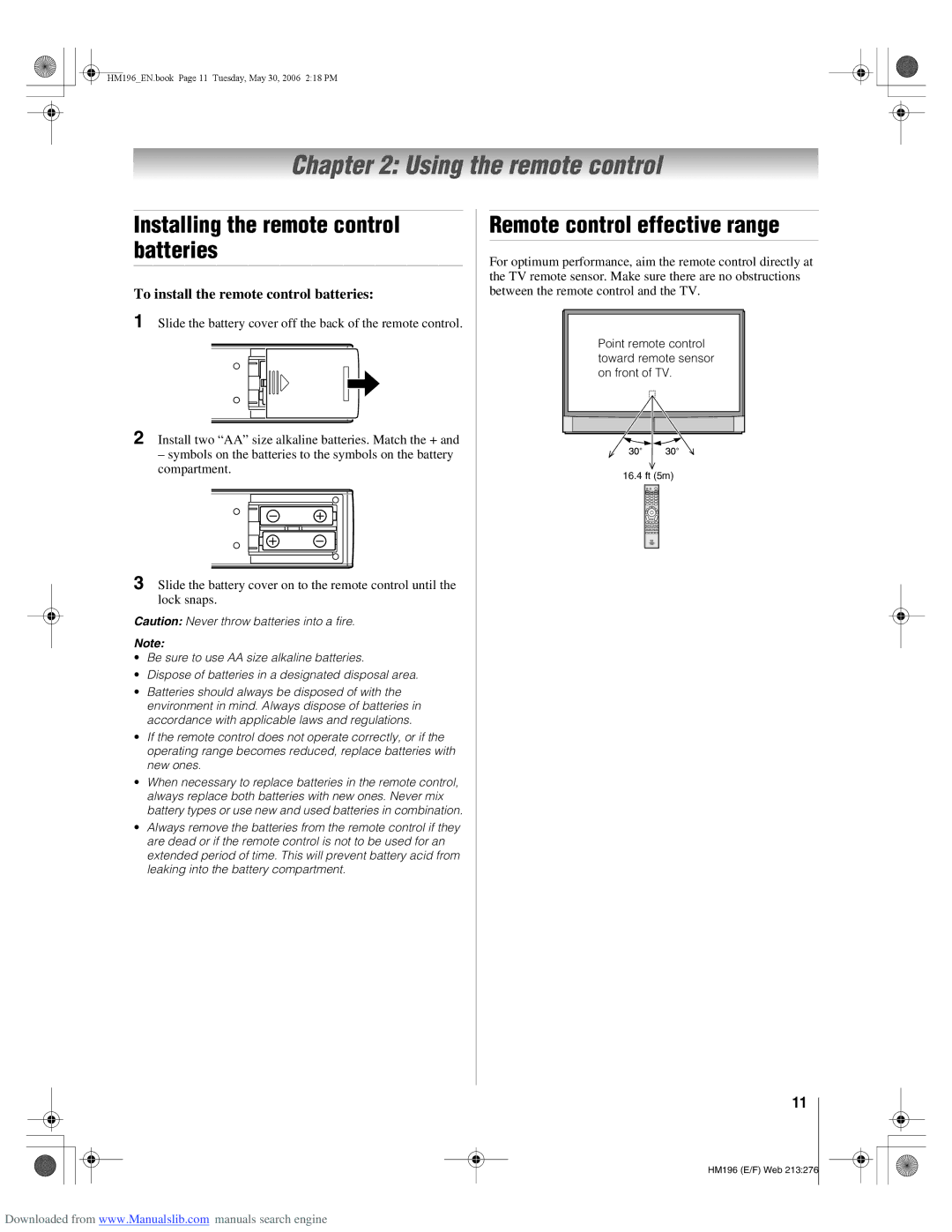 Toshiba 72HM196 manual Using the remote control, Installing the remote control batteries, Remote control effective range 