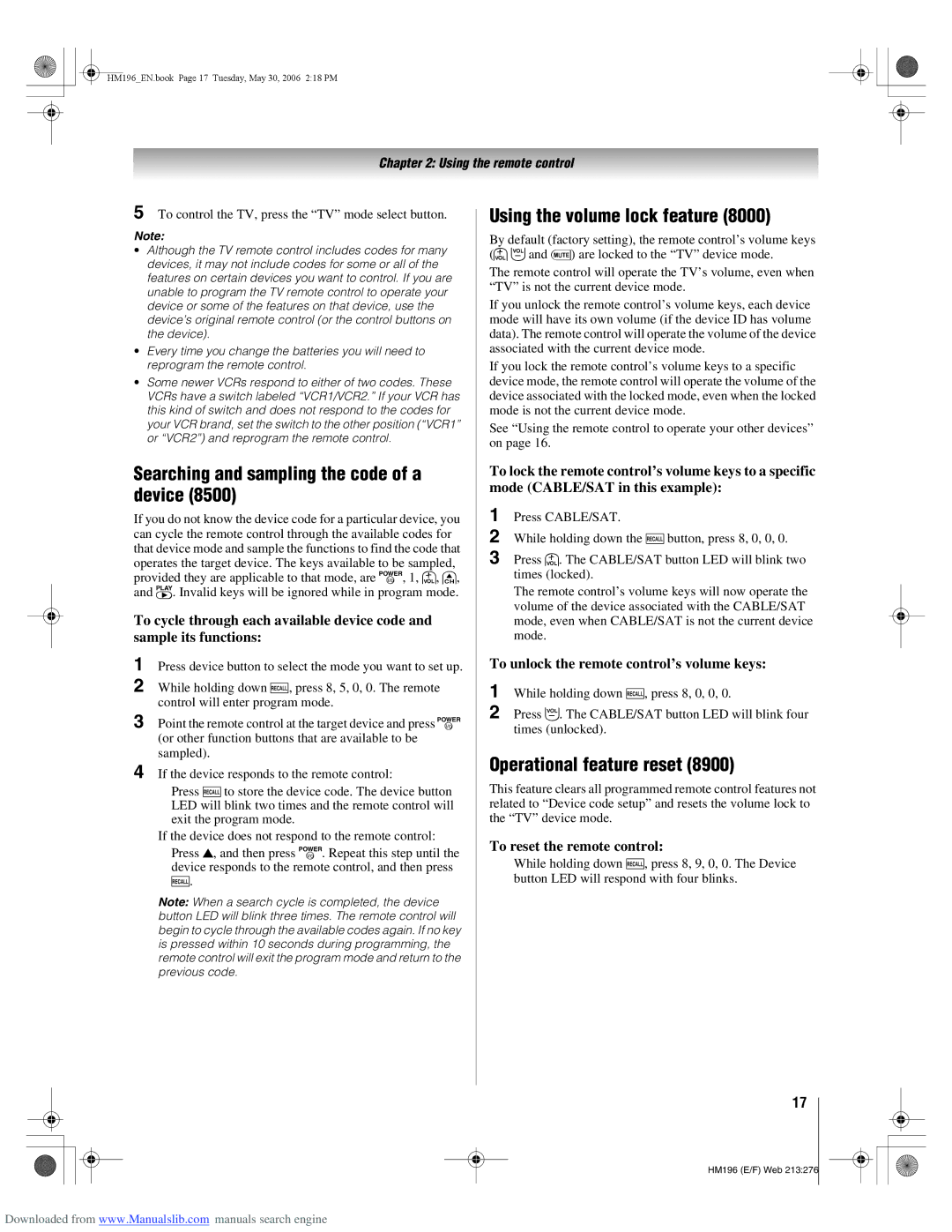 Toshiba 72HM196 Searching and sampling the code of a device, Using the volume lock feature, Operational feature reset 