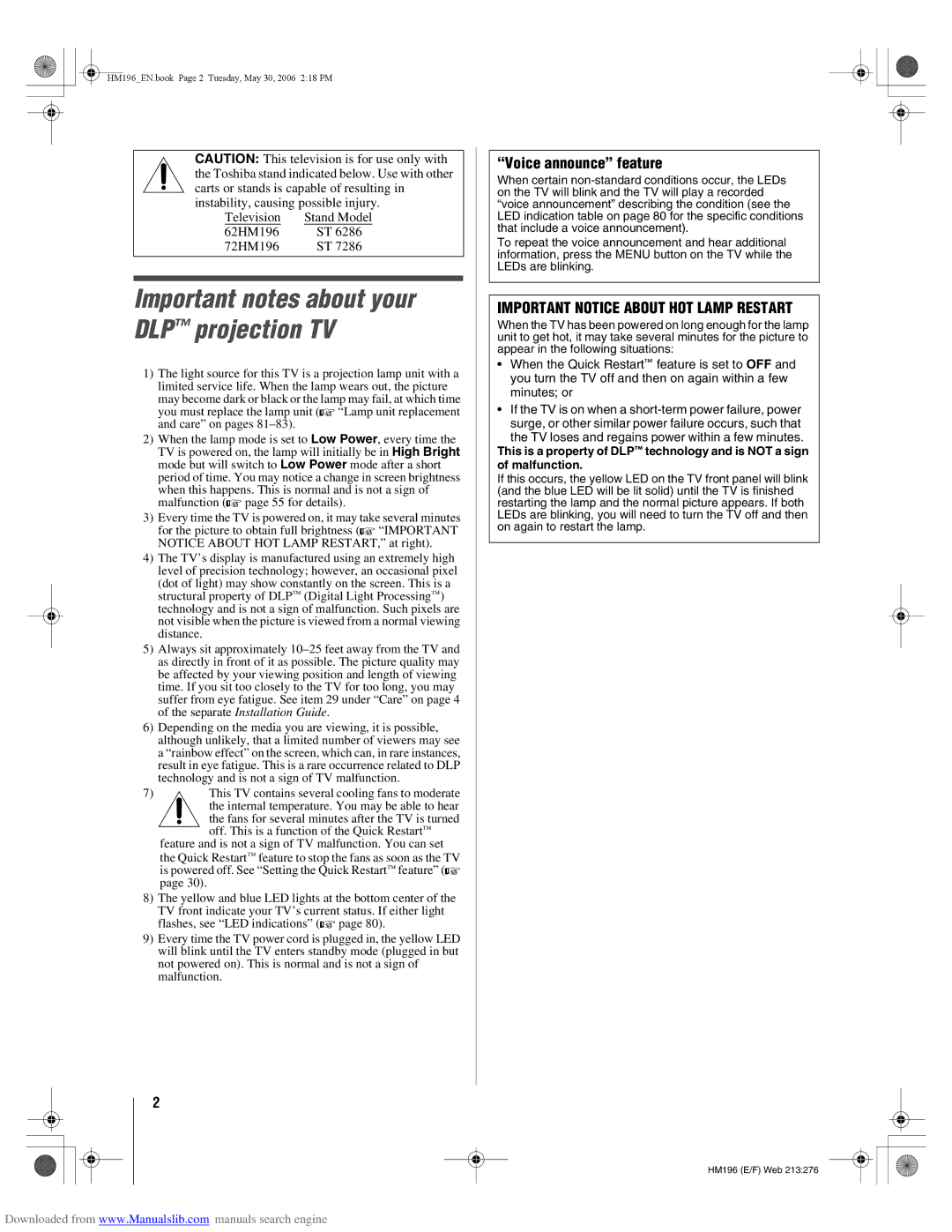 Toshiba manual Voice announce feature, Television Stand Model 62HM196 72HM196 