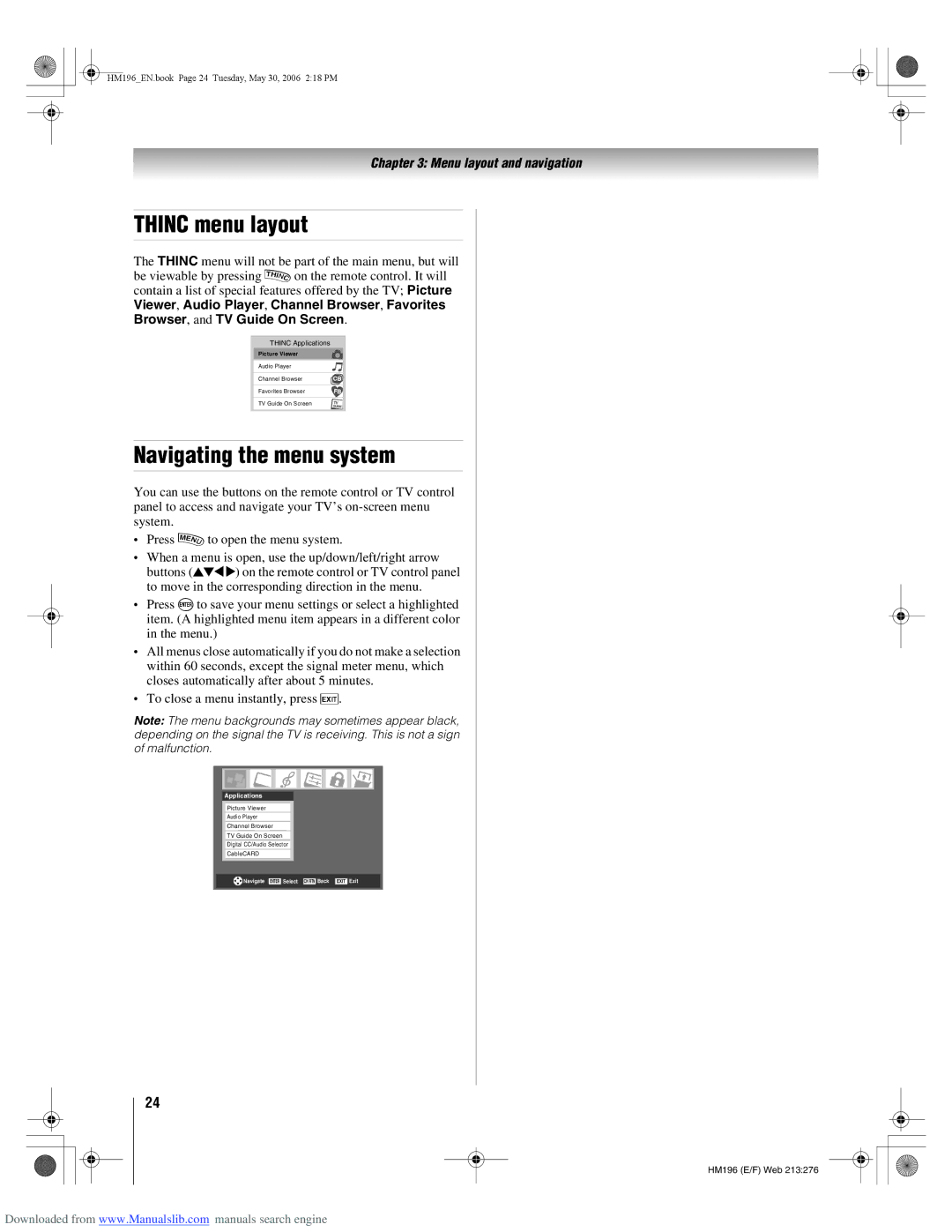 Toshiba 72HM196 manual Thinc menu layout, Navigating the menu system 