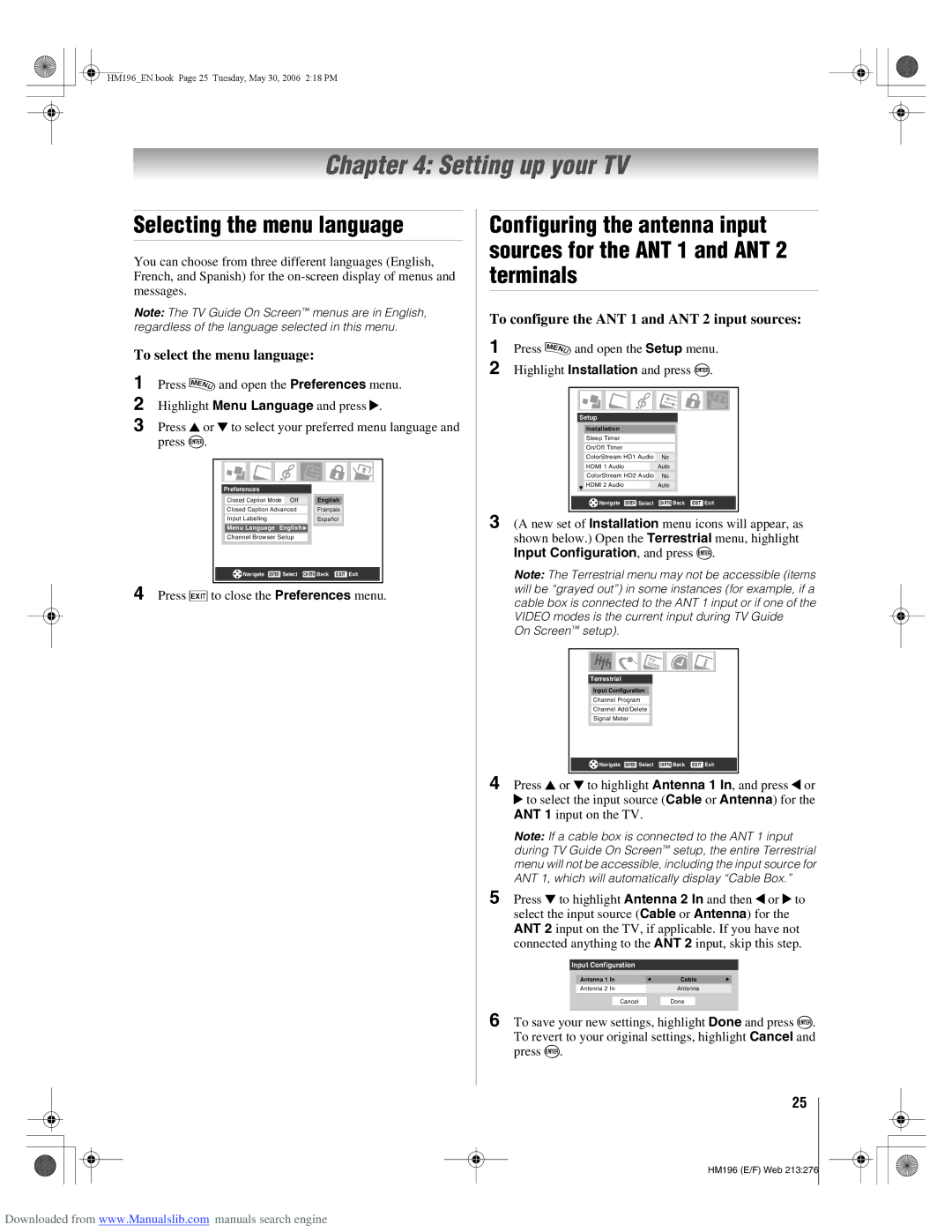 Toshiba 72HM196 manual Setting up your TV, Selecting the menu language, To select the menu language 