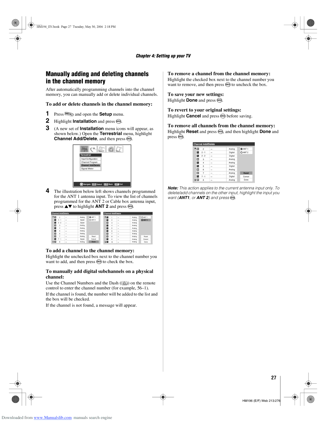 Toshiba 72HM196 manual Manually adding and deleting channels in the channel memory 