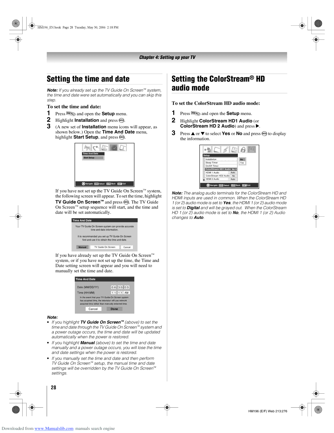 Toshiba 72HM196 manual Setting the time and date, Setting the ColorStream HD audio mode, To set the time and date 