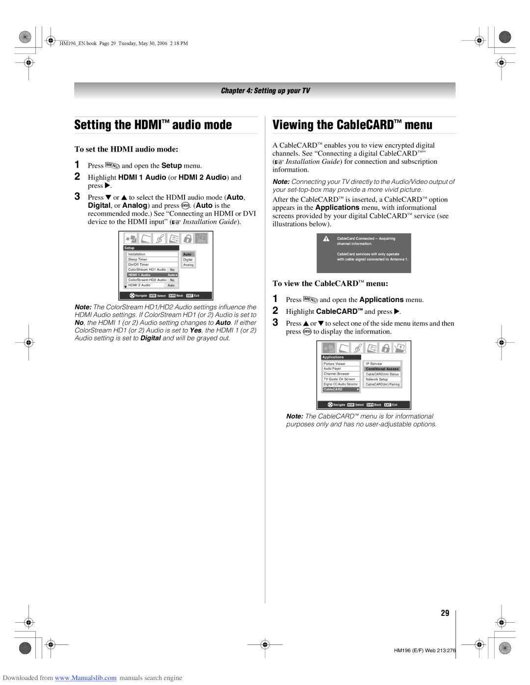 Toshiba 72HM196 manual Setting the Hdmi audio mode, Viewing the CableCARD menu, To set the Hdmi audio mode 